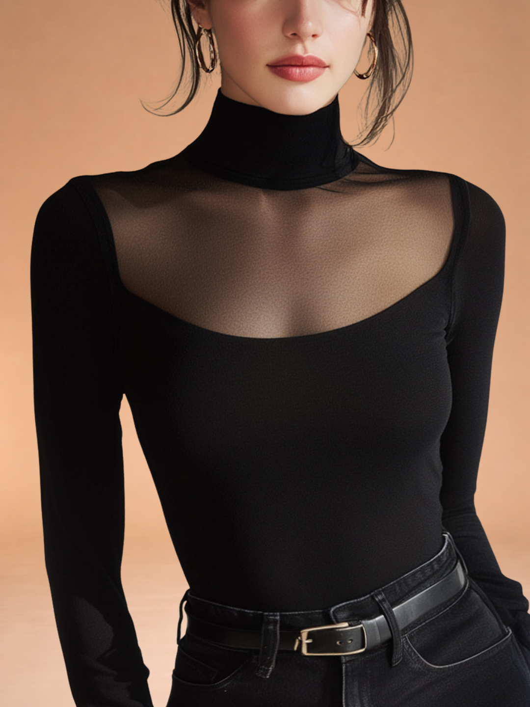 Sheer-Yoke Turtleneck Long-Sleeve Top